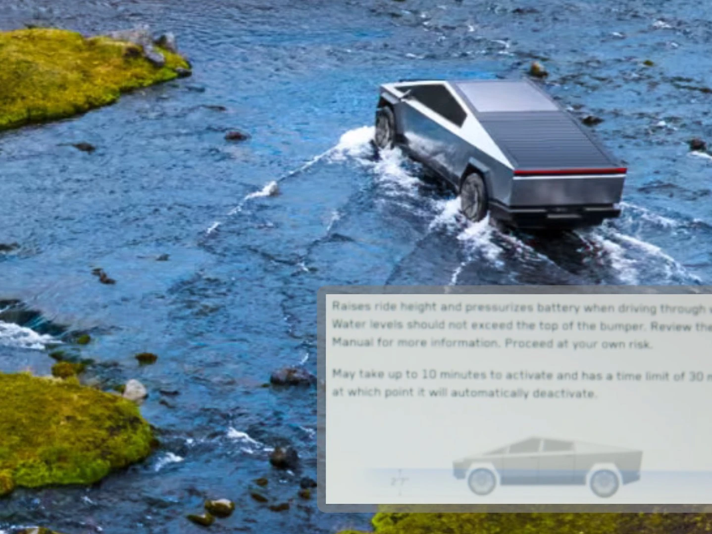 Un schéma technique illustrant le mode « Wade » du Tesla Cybertruck, montrant comment le véhicule ajuste sa hauteur pour traverser de faibles profondeurs d'eau.