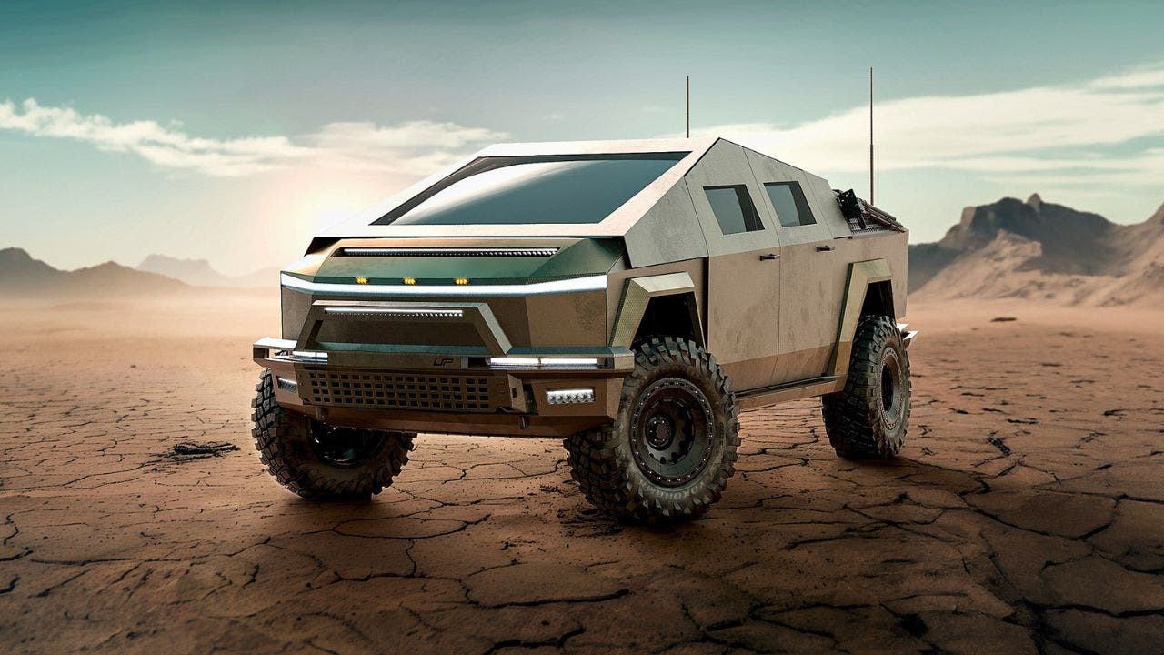 Un Tesla Cybertruck modifié avec une peinture vert olive mat, des pneus tout-terrain et des accessoires militaires, roulant sur une piste de terre.
